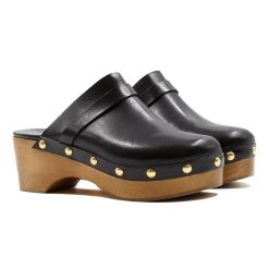 Sandales | JULES & JENN Sabots Bois Clous Cuir Noir