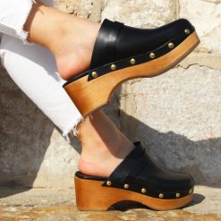 Sandales | JULES & JENN Sabots Bois Clous Cuir Noir