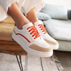 Baskets | JULES & JENN Baskets Vintage Cuir Blanc Orange Blanc/Orange